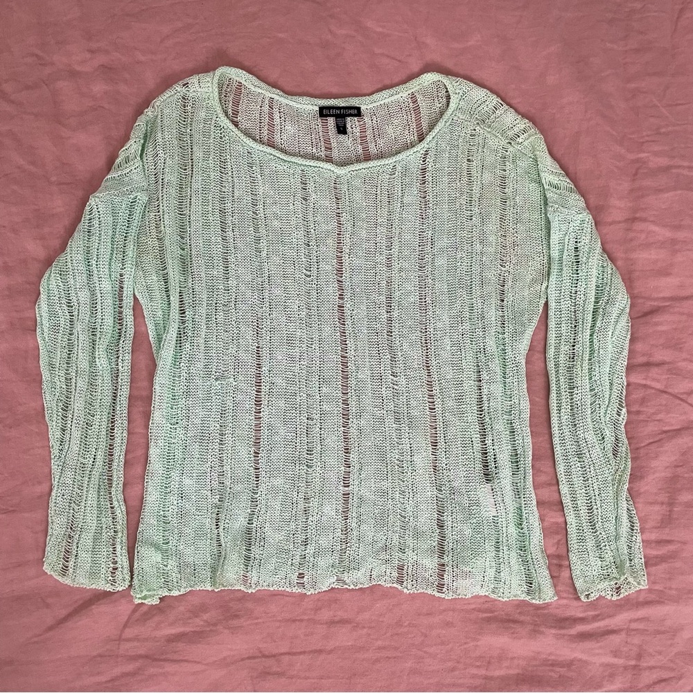 Eileen Fisher Sheer Mint Green Open Weave Knit Sweater Size Small Linen Blend
